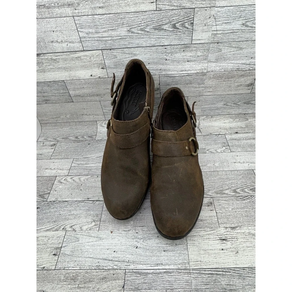 Born Brown Leather Ankle Boots Women Sz US‎ 9.5 EU 41 Buckle Side Zip Block Heel